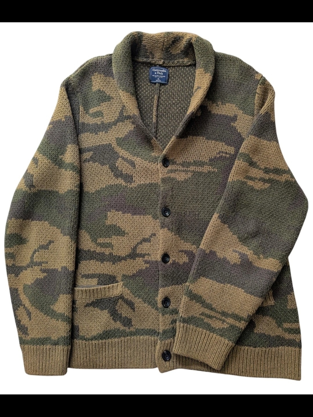 Abercrombie & Fitch Men's Camo Shawl Collar Cardigan - Camo Green/Brown, Size XL